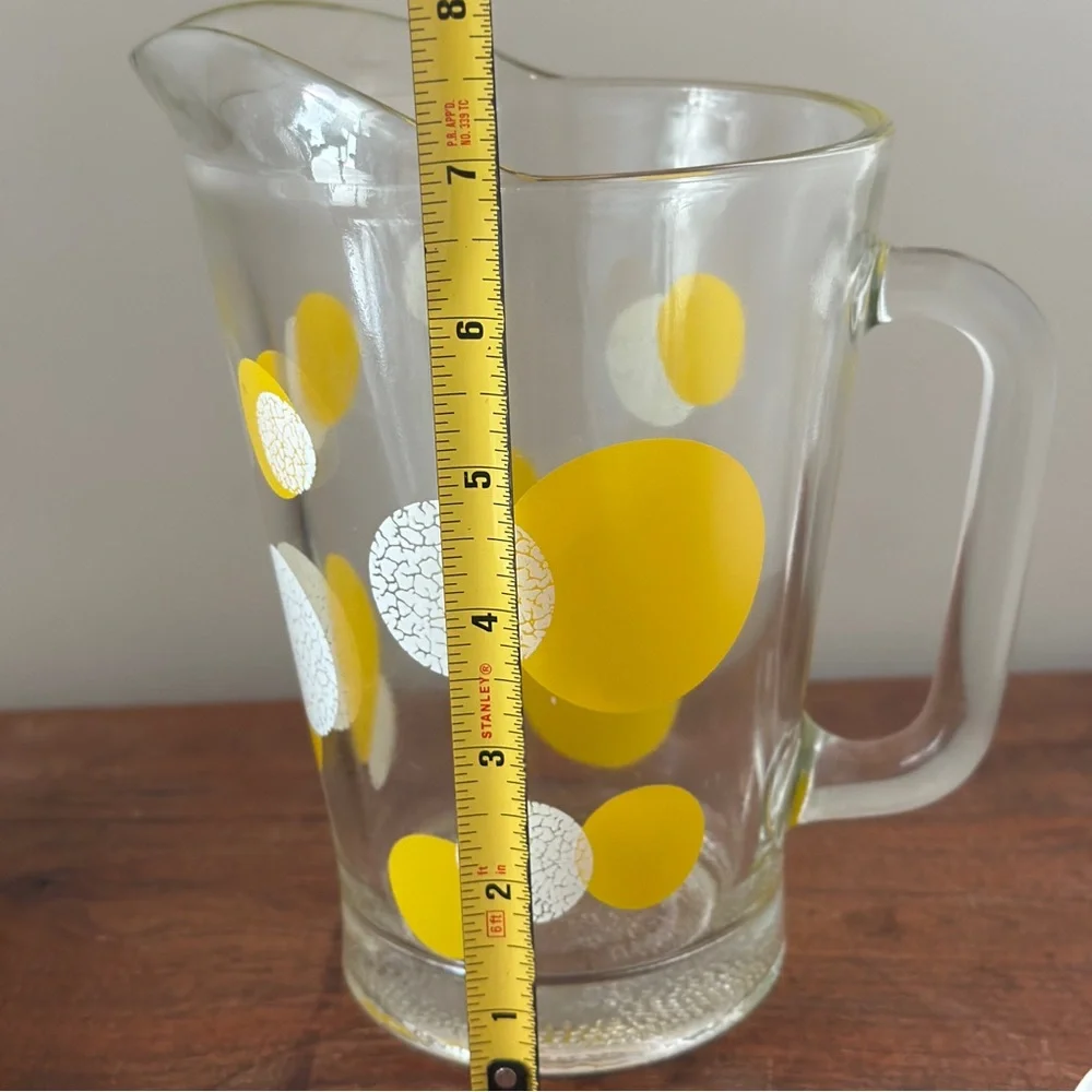 Mid Century Pitcher Polka Dots Glass Barware Yellow White Retro 70s 60s Kitchen